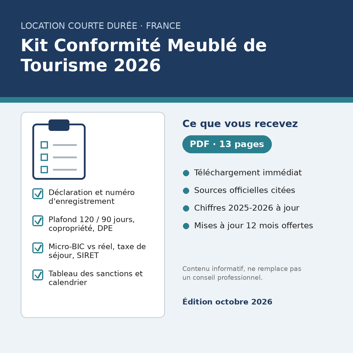 Kit Conformité Meublé de Tourisme 2026 — checklist complète pour louer en règle (PDF)