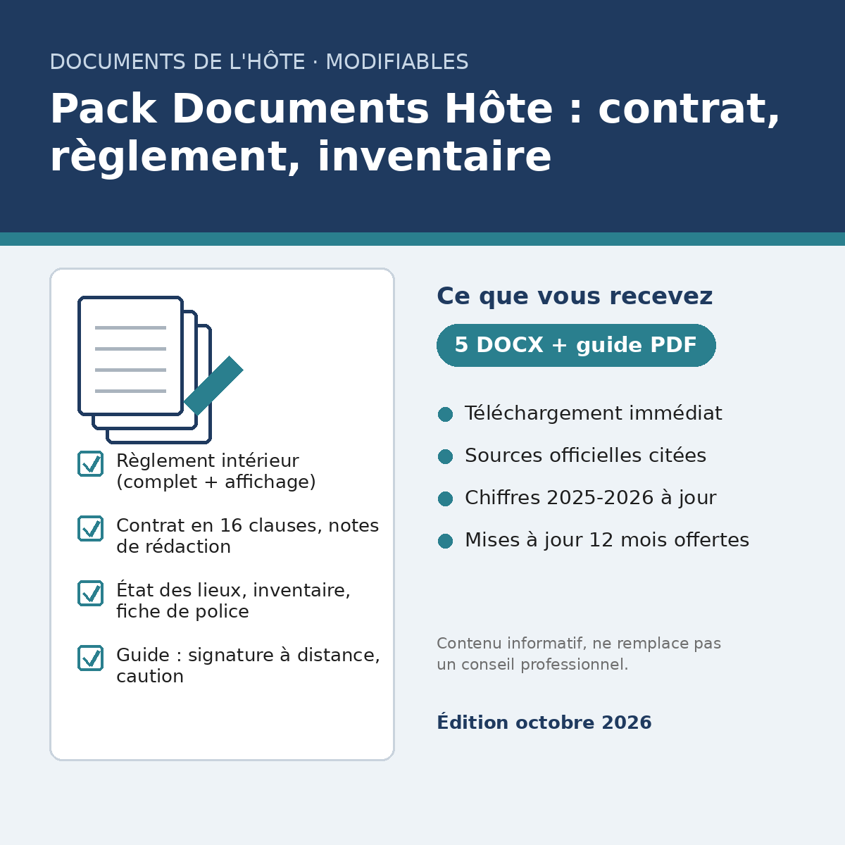 Pack Documents Hôte — règlement intérieur, contrat de location saisonnière, état des lieux, inventaire (DOCX modifiables)